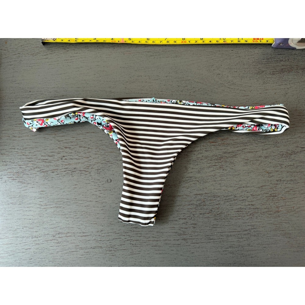 L Space Reversible Itsy Cut Bikini Bottom Stripe Floral Black White Blue XS